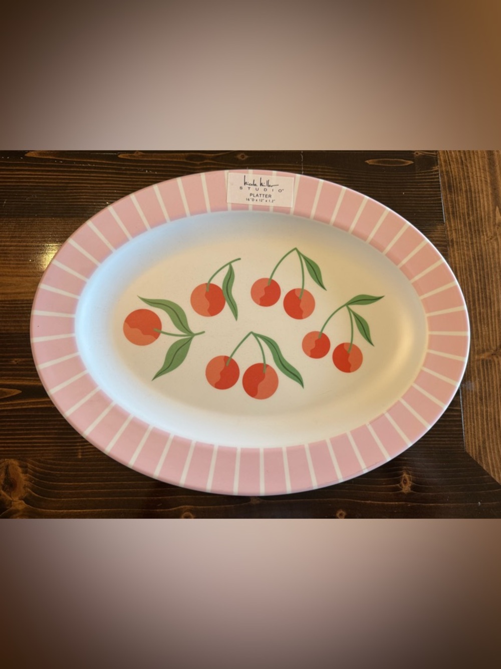 New Nicole Miller Pink Stripe‎ Rim Cherry Oval Melamine Platter